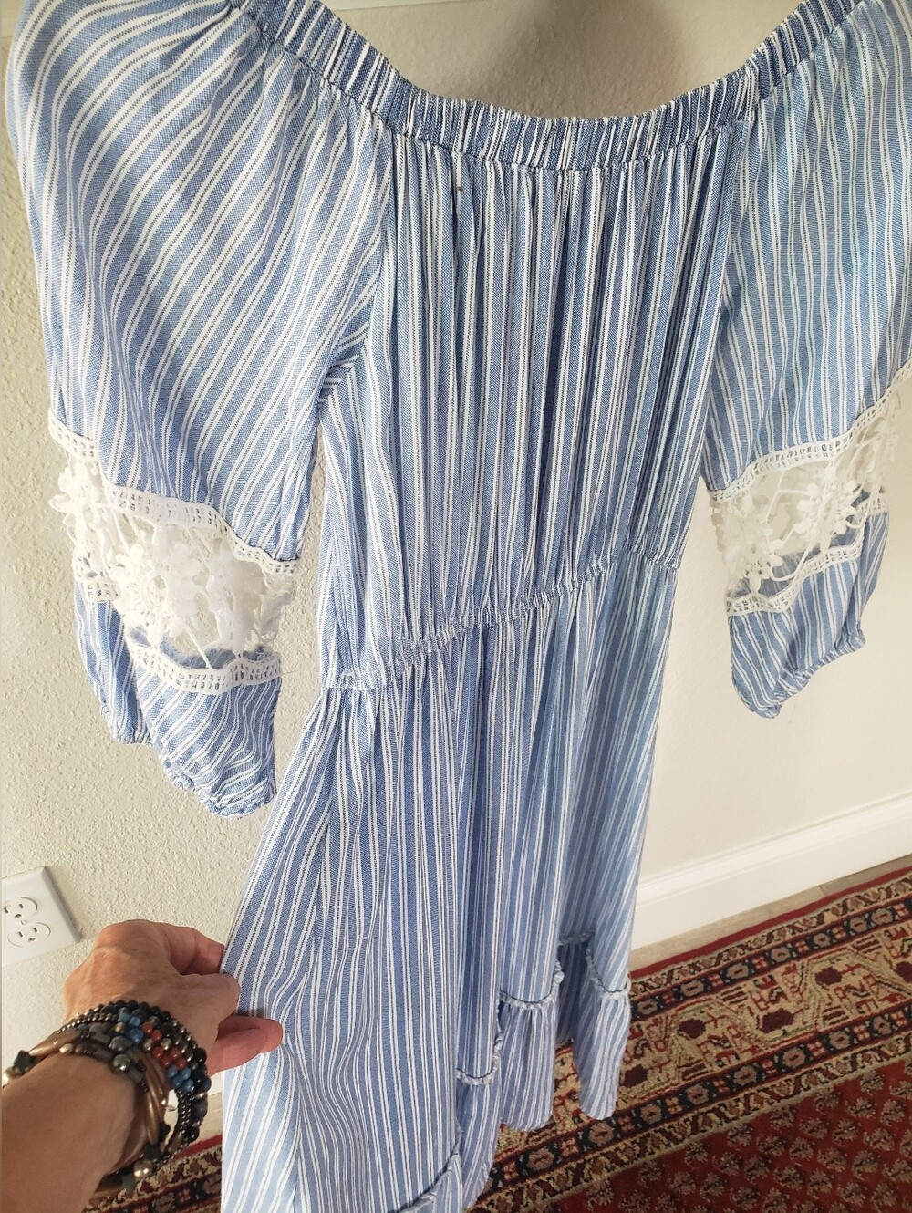 Lapis Boho Striped Off-Shoulder Midi Dress with Crochet Lace & Tassels Small - Picture 5 of 13